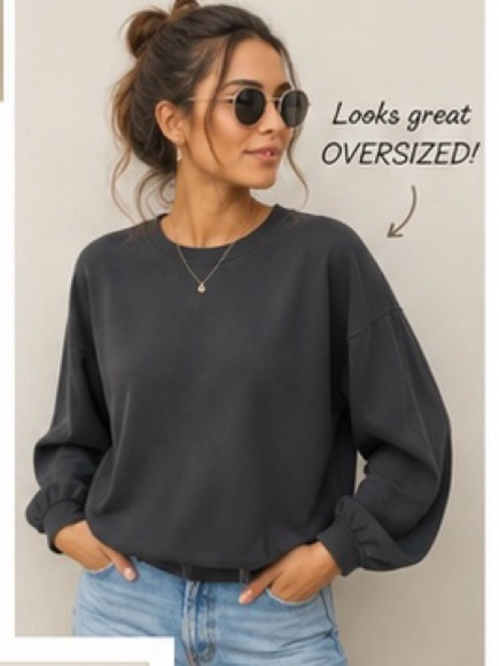 Madewell Balloon Sleeve Sweatshirt Black Size Medium Relaxed Crewneck Pullover